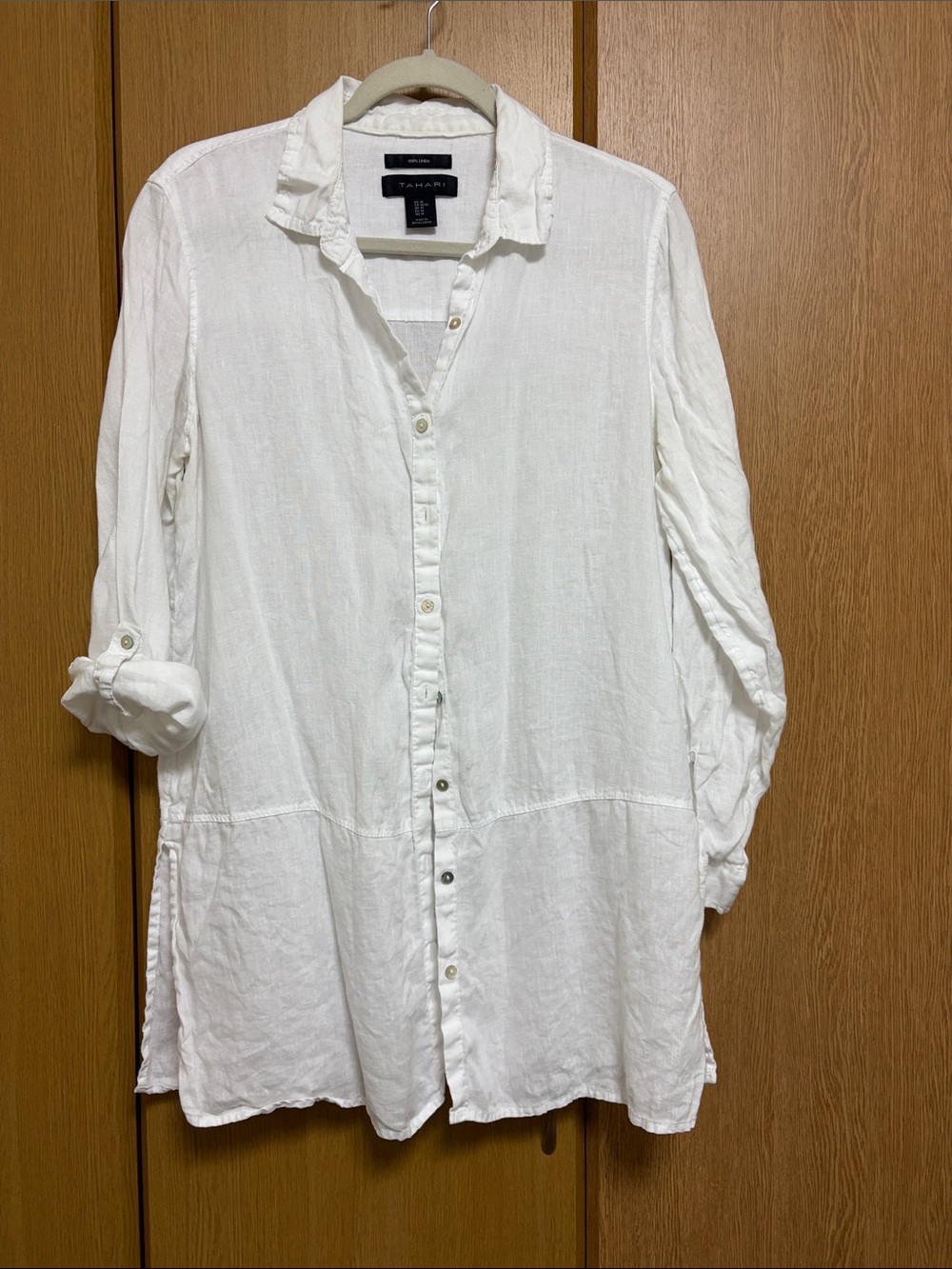 Tahari White Linen Button-Front Tunic Shirt
